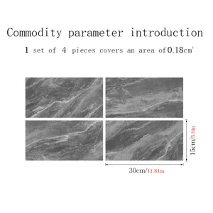 Marble pattern tile sticker detail, self-adhesive wall sticker, 4 pieces set, 30x15cm size.