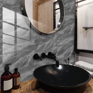 Detailed view of grey marble texture tile sticker in modern bathroom decor interior scene.