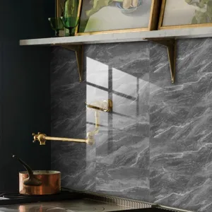 Detailed view of gray marble wallpaper tile sticker, waterproof wall decor for kitchen.