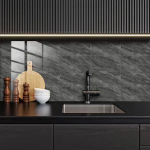 Detailed view of dark marble pattern crystal tile sticker for kitchen wall and home decor