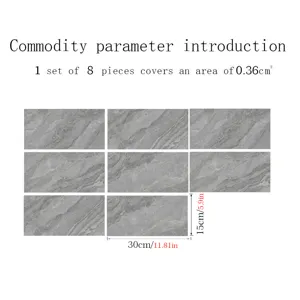 Detailed parameter view of grey marble pattern tile stickers, size 30x15cm, self-adhesive.