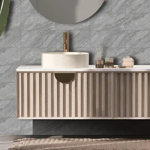 Grey marble texture crystal film tile sticker for modern bathroom wall decor, self-adhesive.