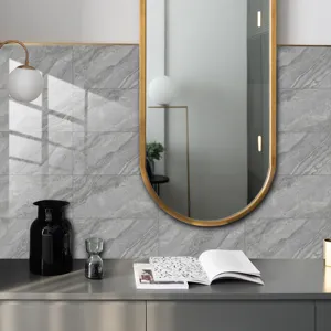Detail shot showing the elegant grey marble tile sticker on the modern minimalist home wall surface.