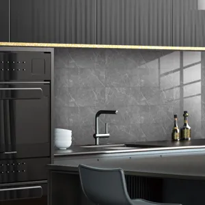 Detailed view of grey marble tile sticker for kitchen wall decor, self-adhesive design.
