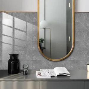 Grey marble texture crystal film tile sticker, detail view of wall decor and modern mirror.