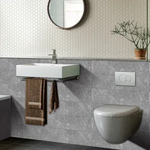 Detailed view of grey marble texture wall sticker installed in modern bathroom interior setting.