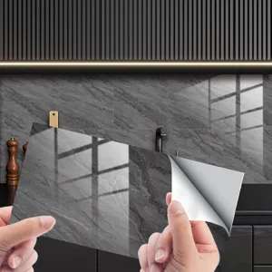 Detail view of self-adhesive marble pattern wall sticker backing peel demonstration.