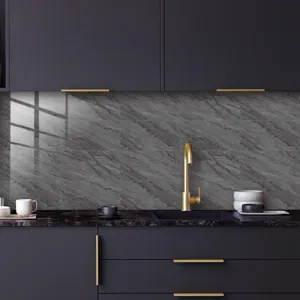 Detailed view of the dark gray marble pattern wall tile sticker in a modern kitchen setup.