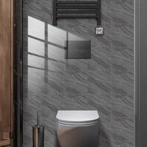 Detail shot of gray marble pattern crystal film tile sticker applied on modern bathroom wall decor.
