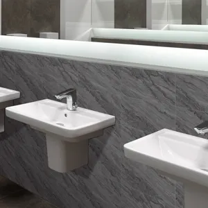 Detailed view of dark grey marble texture tile sticker applied in a modern bathroom.