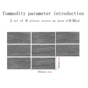 Marble texture crystal film tile sticker detail, 8 pieces set showing size and pattern specs.