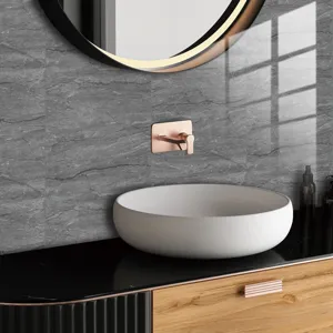Grey marble pattern tile sticker for modern bathroom wall decor and home renovation.