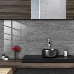 Close-up detail view of grey marble pattern crystal film tile sticker and wall sticker for home decor.