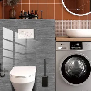 Close-up view showing the grey marble texture wall sticker detail in a modern bathroom setup.