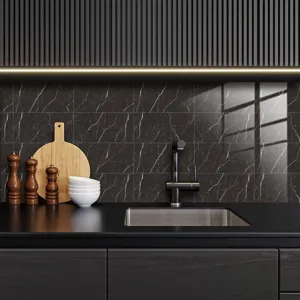 Black marble texture tile sticker detail shot showing modern kitchen backsplash wall decor.