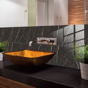 Detail view of black marble texture wall sticker applied in modern bathroom setup.
