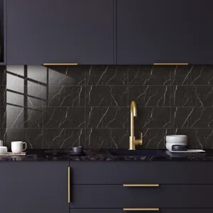 Black marble tile sticker detail, self-adhesive waterproof wall decor for kitchen backsplash.
