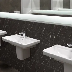 Detailed view of dark marble pattern wall sticker applied in bathroom, showing waterproof texture.