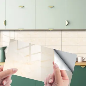 Self-adhesive marble tile sticker detail, glossy crystal film wall decor for kitchen.