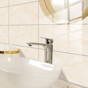 Close-up of marble texture wall tile sticker in bathroom scene, glossy crystal film.
