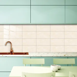 Detailed view of self-adhesive marble tile sticker, waterproof wall decor for modern kitchen.