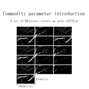 Black marble texture tile sticker detail showing size 15x30cm and 16 pieces set pattern.