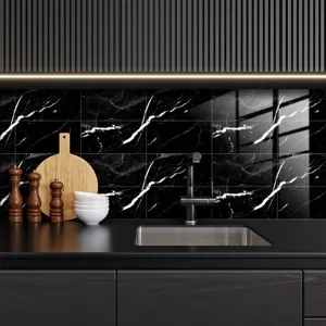 Black marble crystal film tile sticker detail shot, modern waterproof self-adhesive wall decor.