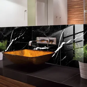 Black marble effect crystal film tile sticker for modern wall decor and self adhesive home use.