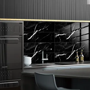 Detailed view of black marble crystal film tile sticker showcased in a modern kitchen interior.