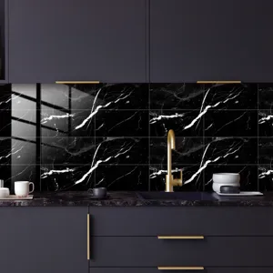 Black marble tile stickers waterproof self-adhesive wall paper for modern home kitchen decor.