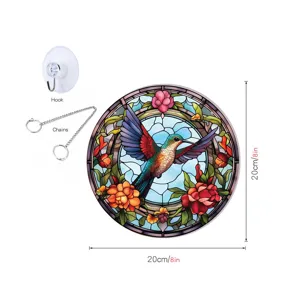 Stained glass hummingbird window hanging round decorative panel with hook and chain 20cm