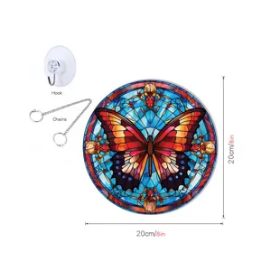 Bunter Schmetterling Fensterhänger aus Glas mit Kette und Haken, 20cm runde Wanddekoration.