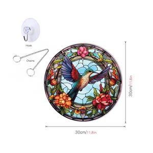 Stained glass hummingbird wall hanging round window suncatcher with hook and chain 30cm decor