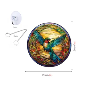 Gebrandschilderd glas kolibrie wanddecoratie met ketting en haak, 20cm ronde kunst.