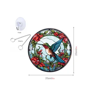 Stained glass hummingbird window hanging round wall art decor with hook and chain 20cm