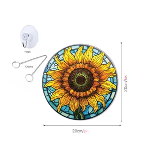 Sunflower stained glass window hanging suncatcher with hook and chain, 8 inch round home decor.