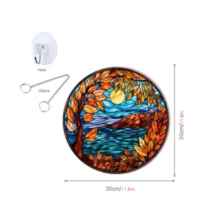 Round stained glass autumn landscape hanging decor with hook, chain and 30cm size display.