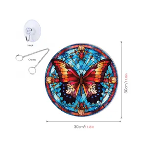 Buntglas Schmetterling Wandbehang Dekoration mit Kette und Haken, 30 cm runder Sonnenfänger