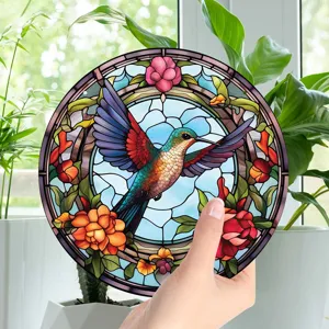Stained glass hummingbird wall art round hanging decoration for home indoor window decor
