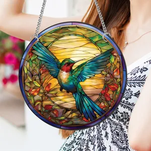 Ronde gebrandschilderde glas kolibrie hangdecoratie, levendige zonnevanger met ketting voor muur.