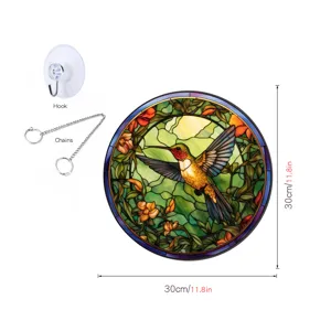 Gebrandschilderd glas kolibrie wanddecoratie met metalen ketting en haak 30cm huis