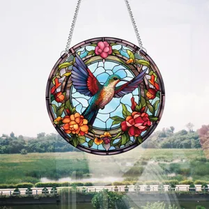 Stained glass hummingbird window hanging decoration with floral design, perfect home wall art.