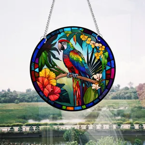 Stained glass parrot hanging window panel, tropical bird wall decor with metal chain.