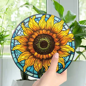 Round stained glass sunflower window hanging decor, vibrant floral wall art for home room.