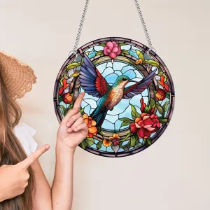 Stained glass hummingbird wall hanging decor, beautiful floral round window suncatcher sign.