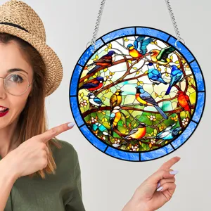 Round stained glass style hanging bird ornament with metal chain for wall decoration.