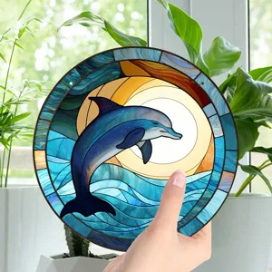 Round stained glass style dolphin suncatcher wall hanging decor for room window decoration.