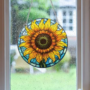Stained glass sunflower window hanging suncatcher with chain for home decor detail view