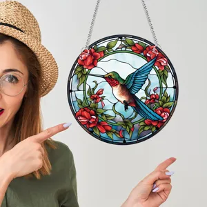 Stained glass hummingbird window hanging round floral wall decor with chain for home office.