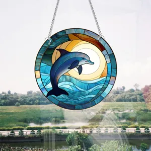 Stained glass dolphin window hanging, beautiful ocean themed wall decor with metal chain.